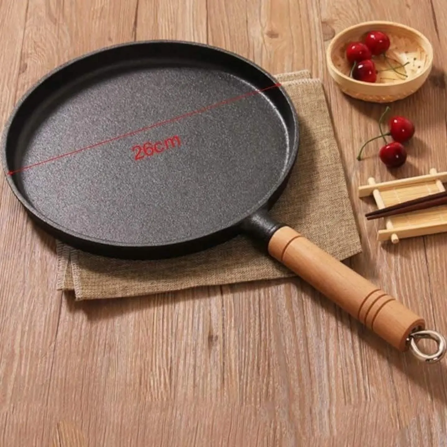 Heavy-Duty 26cm Cast Iron Chapati Tawa Pan with Wooden Handle – Non-Stick & Warp-Proof